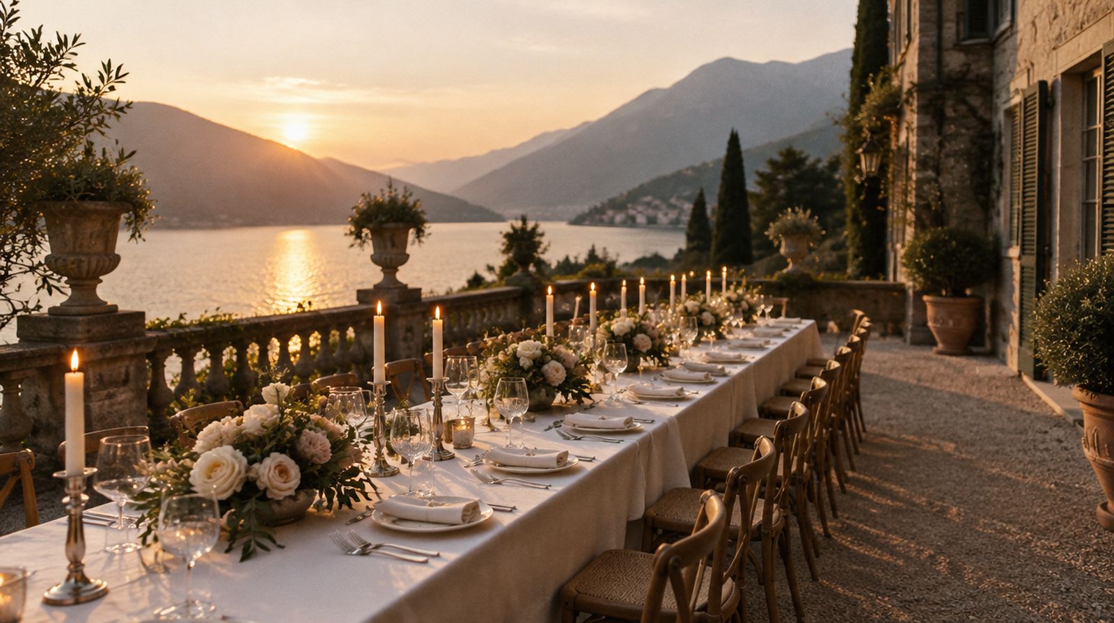 A long candlelit dinner table on a villa terrace above Lake Como at sunset