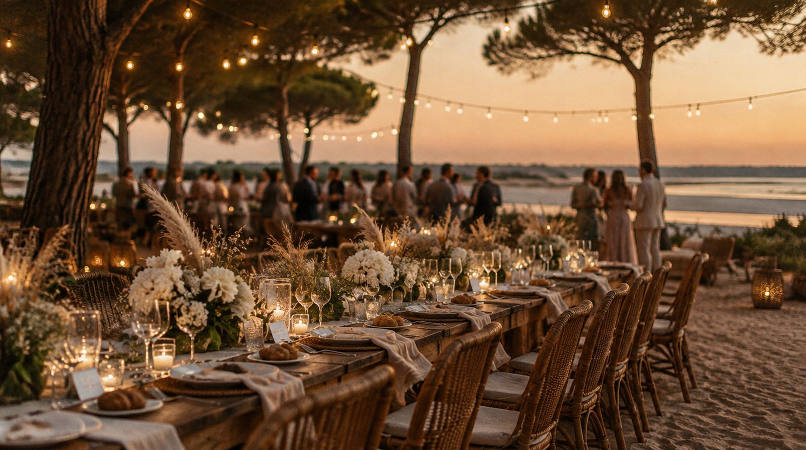A beach reception under festoon lights among pine trees in Comporta at dusk