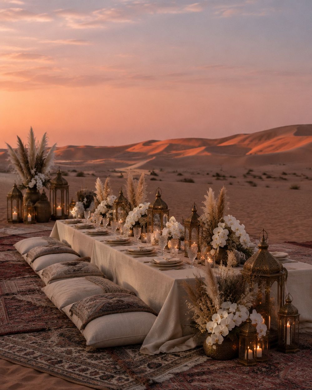 A low dinner table set with lanterns, white orchids and rugs on the dunes outside Dubai at dusk