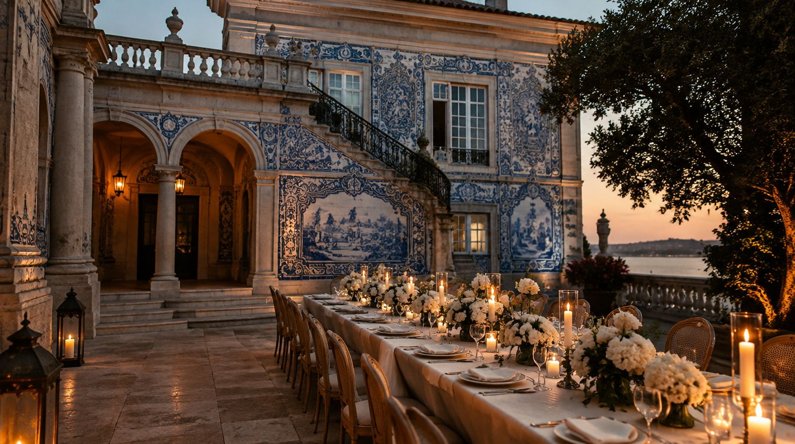 A palace courtyard with blue and white tiles set for a wedding dinner