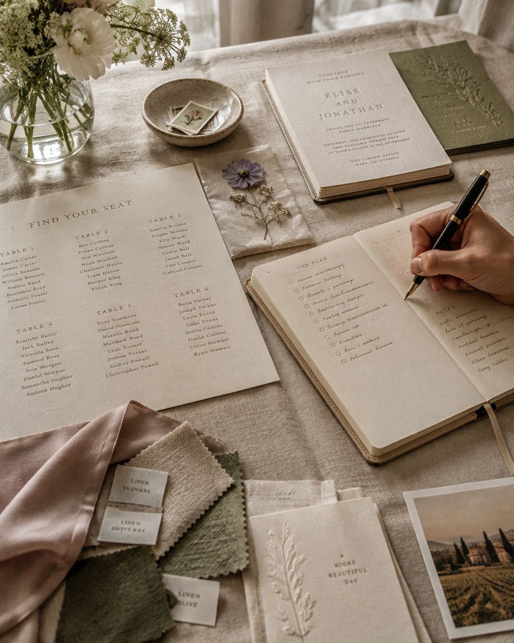 A planning notebook, seating plan and invitation samples on a linen covered desk