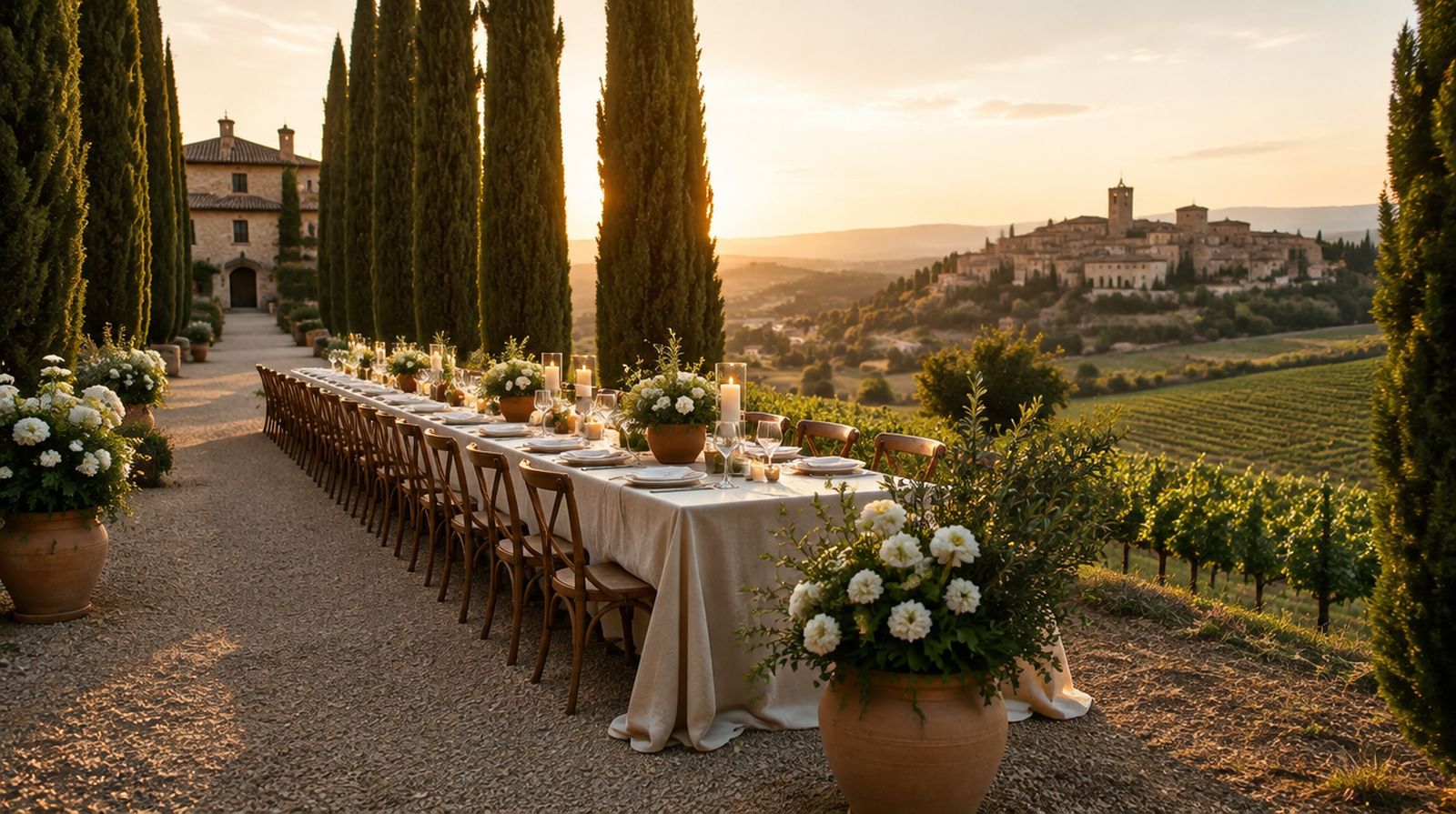 A long dinner table beneath cypress trees at a Tuscan estate at golden hour